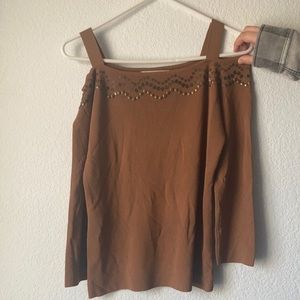 Tan off the shoulder with straps shirt. Cover Charge size small.